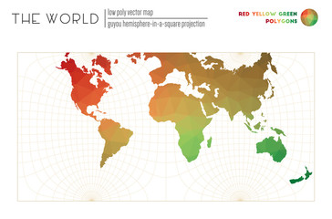 Abstract geometric world map. Guyou hemisphere-in-a-square projection of the world. Red Yellow Green colored polygons. Energetic vector illustration.