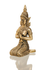 bronze figure of thai fairy, a traditional Thai Buddhist character. isolate on a white background, close-up