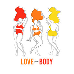 Happy multiracial women of different figure type, size dressed in lingerie. Love your body, body positive outline characters. Millennials flat contour vector. Flat style stock isolated illustration.