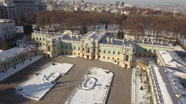 Aerial to Mariyinsky Palace in winter . Official ceremonial residence of the President of Ukraine in Kyiv and adjoins the neo-classical building of the Verkhovna Rada parliament of Ukraine