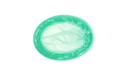 Green condom, isolated