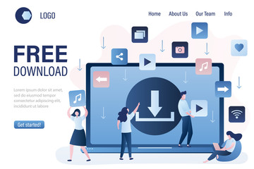 Free download landing page template. Background with upload sign on laptop screen. Torrent data piracy from servers - obrazy, fototapety, plakaty