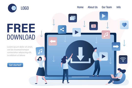 Free download landing page template. Background with upload sign on laptop screen. Torrent data piracy from servers