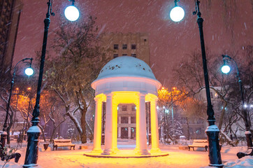 White gazebo among the trees in winter at night in the Park.