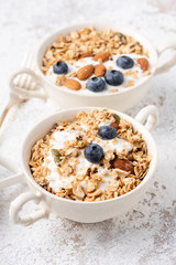 Granola, oatmeal with almond and berry food background