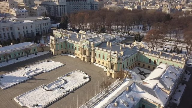 Aerial to Mariyinsky Palace in winter . Official ceremonial residence of the President of Ukraine in Kyiv and adjoins the neo-classical building of the Verkhovna Rada parliament of Ukraine