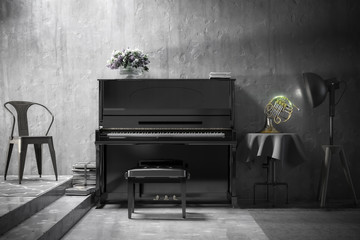 Interior of a room with piano - 3d visualization