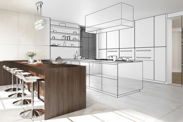 Fototapeta Interior of modern kitchen - 3D illustration obraz