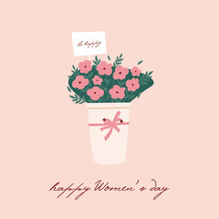 Vector illustration for international Women s day. Beautiful flowers bouquet with greeting card. Template for card, poster, flyer and other users.