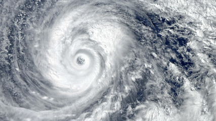 Eye of the Hurricane. Hurricane on Earth. Typhoon over planet Earth.. Category 5 super typhoon approaching the coast. View from outer space. (Elements of this image furnished by NASA) - obrazy, fototapety, plakaty