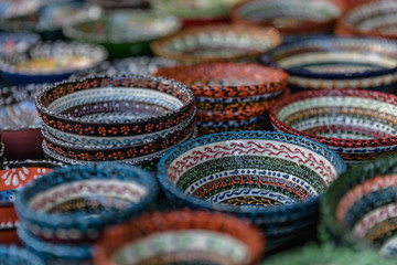 Beautifully decorated bowls in a market in Yerevan, Armenia