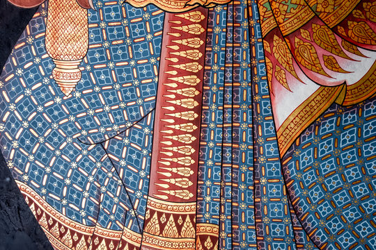 Ancient Thai pattern on wall in Thailand Buddha Temple , Asian Buddha style art