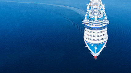 Aerial view of beautiful white cruise ship above luxury cruise in the ocean sea  concept tourism travel on holiday take a vacation time on summer,  webinar banner  forwarder mast - obrazy, fototapety, plakaty
