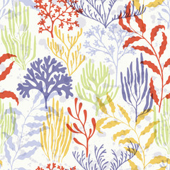 Coral polyps seamless pattern., Mediterranean staghorn and pillar corals bushes.