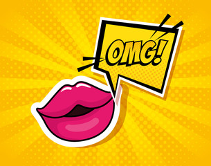 sexy lips with expression omg in speech bubble pop art style vector illustration design