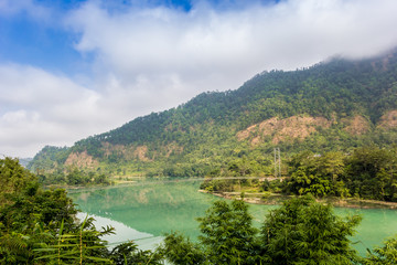 View over Trishuli river and suspension bridge in Nepal