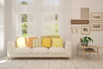 Stylish room in white color with sofa. Scandinavian interior design. 3D illustration