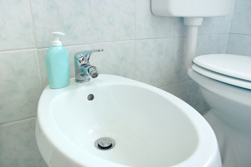 Bidet detail. Closeup of the object, on the background the toilet is visible