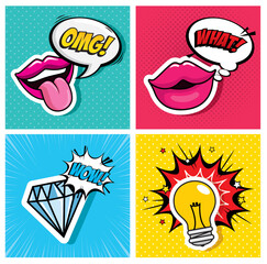 set of lips with diamond and light bulb style pop art design © Gstudio