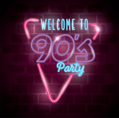 poster of welcome to nineties party neon light design - obrazy, fototapety, plakaty