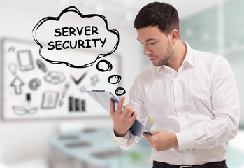 Business, technology, internet and network concept. The young businessman comes to mind the keyword: Server security