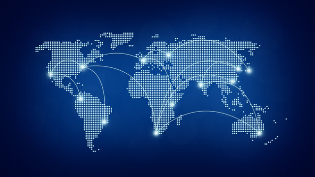 Dotted world map with curving lines or flight paths connecting highlighted cities. Blurred dark blue background in 4k resolution. Concept photo of global communications, traveling and globalisation.