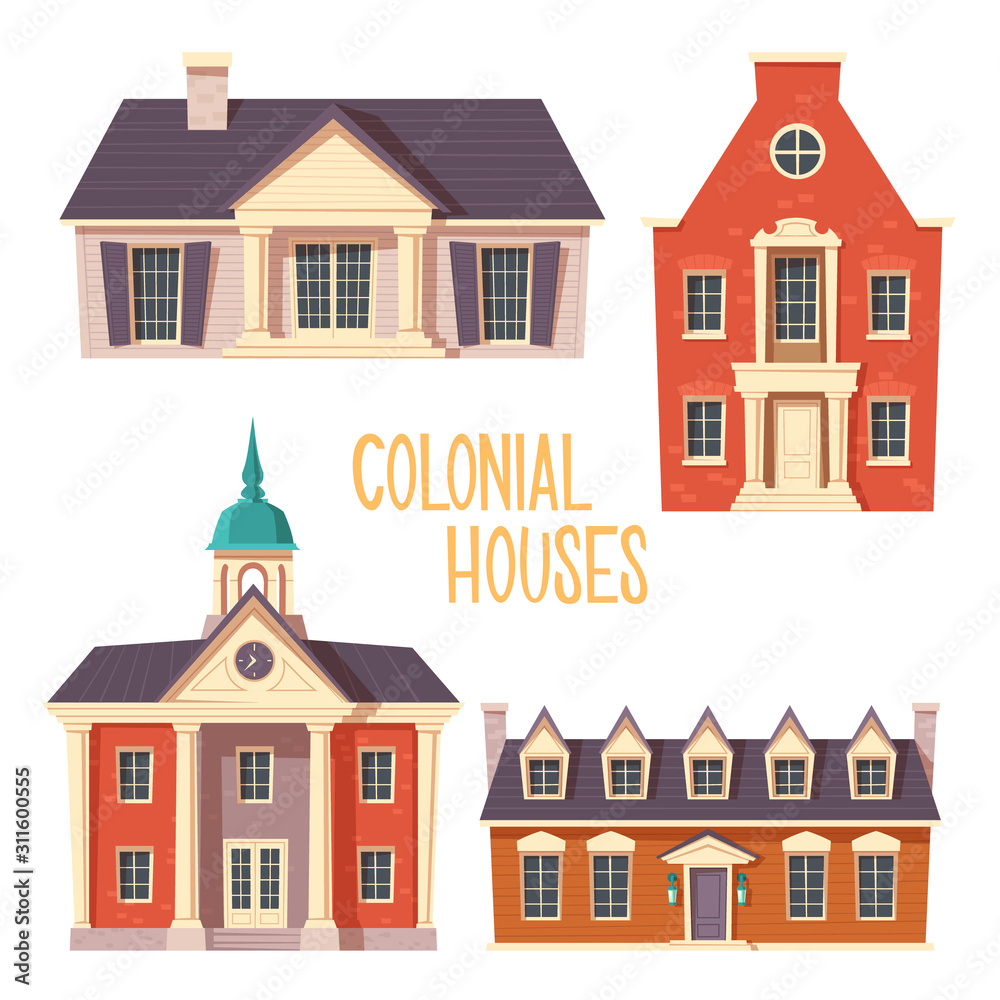 Wall mural urban retro colonial style building cartoon vector set illustration. old residential and government 