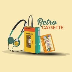 retro cassette tape player, walkman with head phones - obrazy, fototapety, plakaty