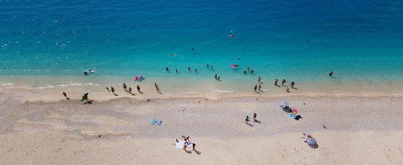 Fototapeta na wymiar Aerial drone ultra wide photo of paradise turquoise bay with clear sea in exotic Caribbean island