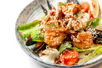 Fresh seafood salad, mussels, shrimp, fresh vegetables and herbs.
