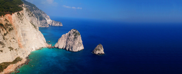 Aerial drone ultra wide photo of paradise beach in island of Zakynthos, Ionian, Greece