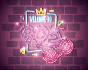 Obraz premium poster of welcome nineties party with control game of neon light vector illustration design