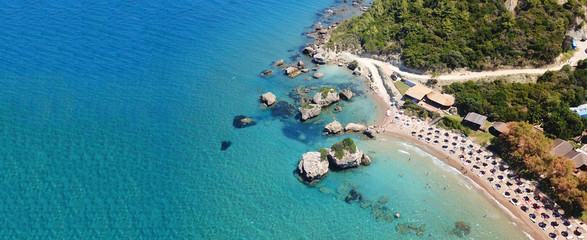 Aerial drone ultra wide photo of paradise beach in island of Zakynthos, Ionian, Greece