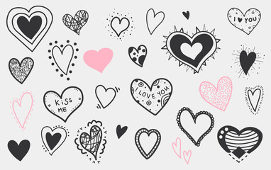Set of Valentine's hand drawn hearts. Doodles hearts. 