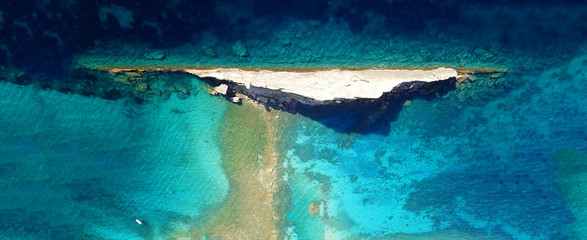 Obraz premium Aerial drone ultra wide photo of secluded turquoise exotic paradise bay with sandy beach