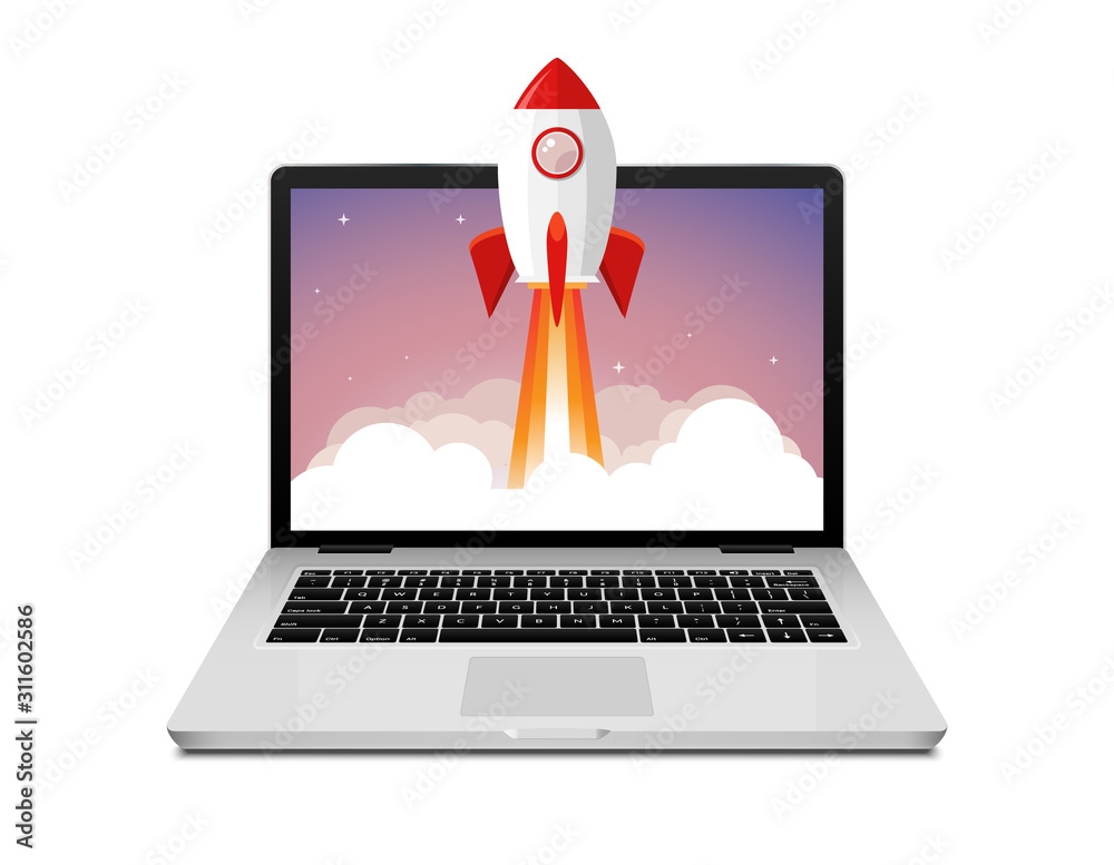 Wall mural vector rocket launch website computer concept illustration. business start rocket launch