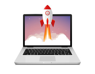 Vector rocket launch website computer concept illustration. Business start rocket launch