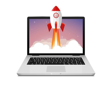 Vector Rocket Launch Website Computer Concept Illustration. Business Start Rocket Launch
