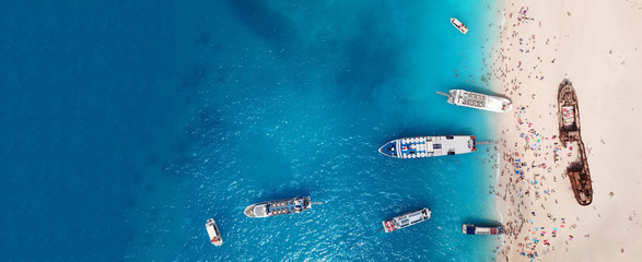 Aerial drone ultra wide photo of iconic shipwreck beach in island of Zakynthos, Ionian, Greece