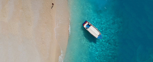 Aerial drone ultra wide photo of iconic shipwreck beach in island of Zakynthos, Ionian, Greece