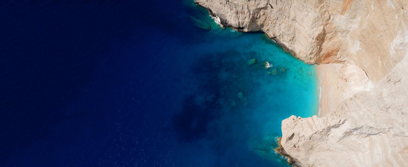 Aerial drone ultra wide photo of paradise white bay with turquoise clear sea in island of Kefalonia, Ionian, Greece - obrazy, fototapety, plakaty