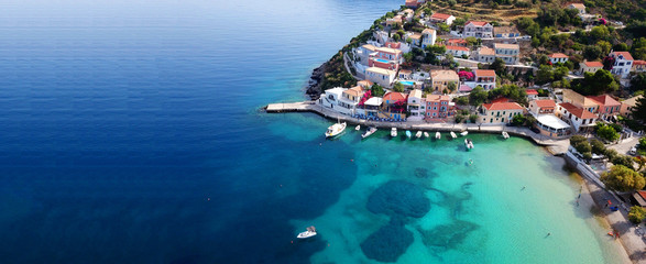 Aerial drone ultra wide photo of iconic village of Assos in Kefalonia island, Ionian, Greece