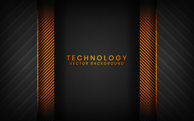 Abstract 3D black technology background overlap layers on dark space with orange light effect decoration. Modern graphic design template elements for poster, flyer, brochure, or banner