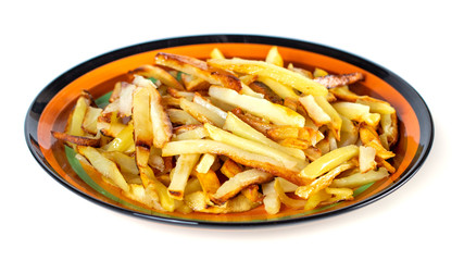 fried potato slices on a plate on a white background.