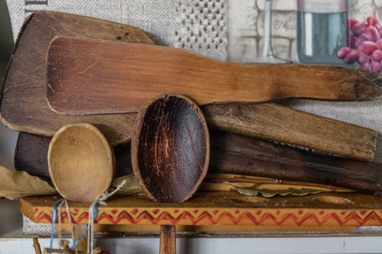 Old classic wooden kitchen utensils