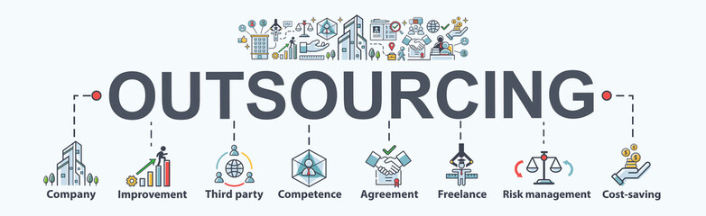 Obraz premium Outsourcing banner web icon for business working and company, Improvement, Third party, Competence, freelance, Risk management and cost saving. Minimal vector infographic.