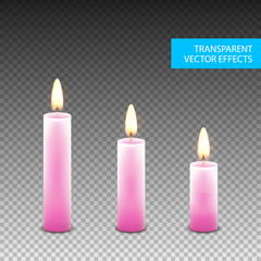 Vector candle wax isolated decoration. Candlelight flame for celebration. Glowing realistic candle light on transparent