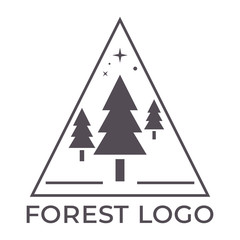 Obraz premium Forest logo. Simple flat three vector trees and stars in a triangle. Spruce and fir minimal silhouette icon. Wild emblem symbol