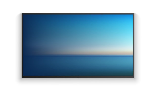 Vector realistic wide angle smart HD tv on the wall. Blue aerial panoramic view of sunrise over ocean. Led 3d screen isolated on white background. Sunrise watercolor gradation.