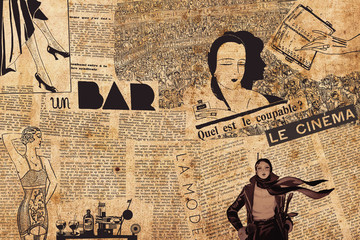 Paris, France - December 15, 2019: Collage of french newspaper headlines, draws and articles in 1930s - french atmosphere theme - obrazy, fototapety, plakaty